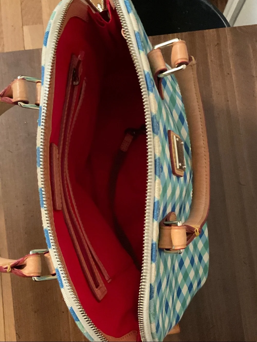 Dooney & Bourke Blue and Green Gingham Leather-Trim Satchel